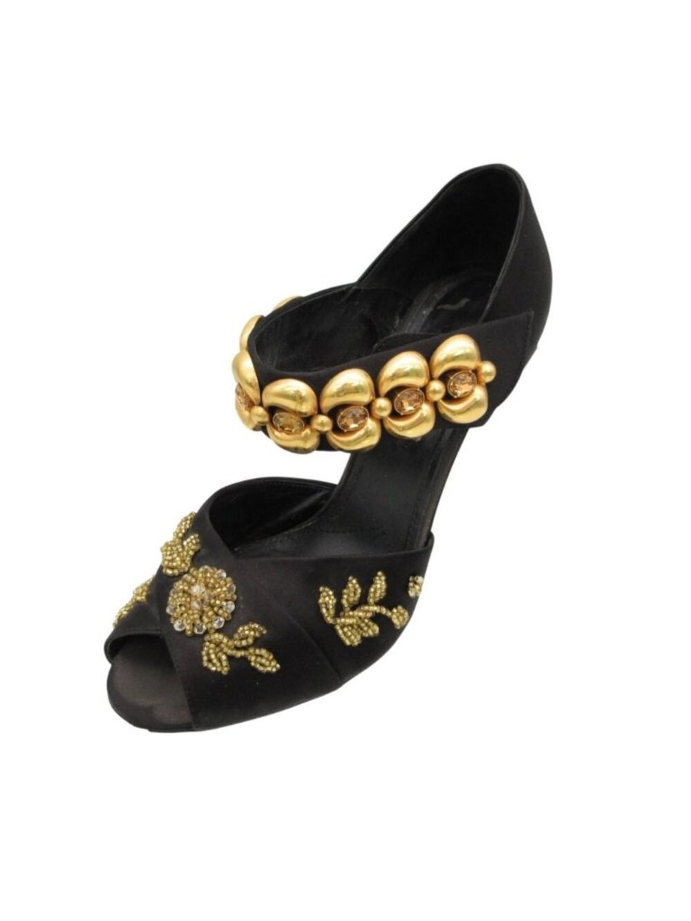 Prada Sandals Open Toe Pumps Satin Bijou Beaded Gold Belt Shoes High Heels